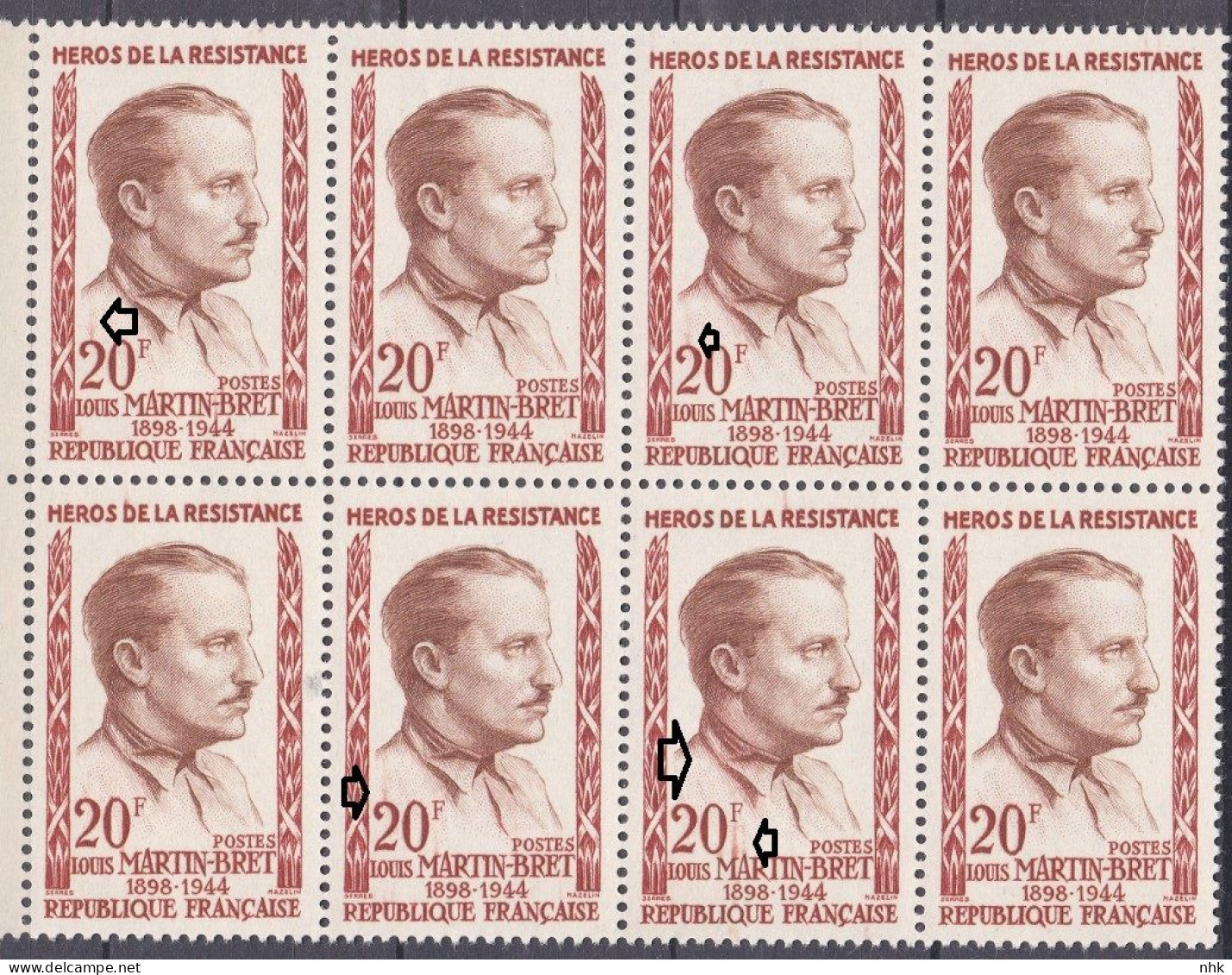 18213 Variété : N° 1201 Louis Martin-Bret Défauts D'essuyage Sur 4 Timbres Tenant à Normaux Dans Un Bloc De 8 ** - Unused Stamps