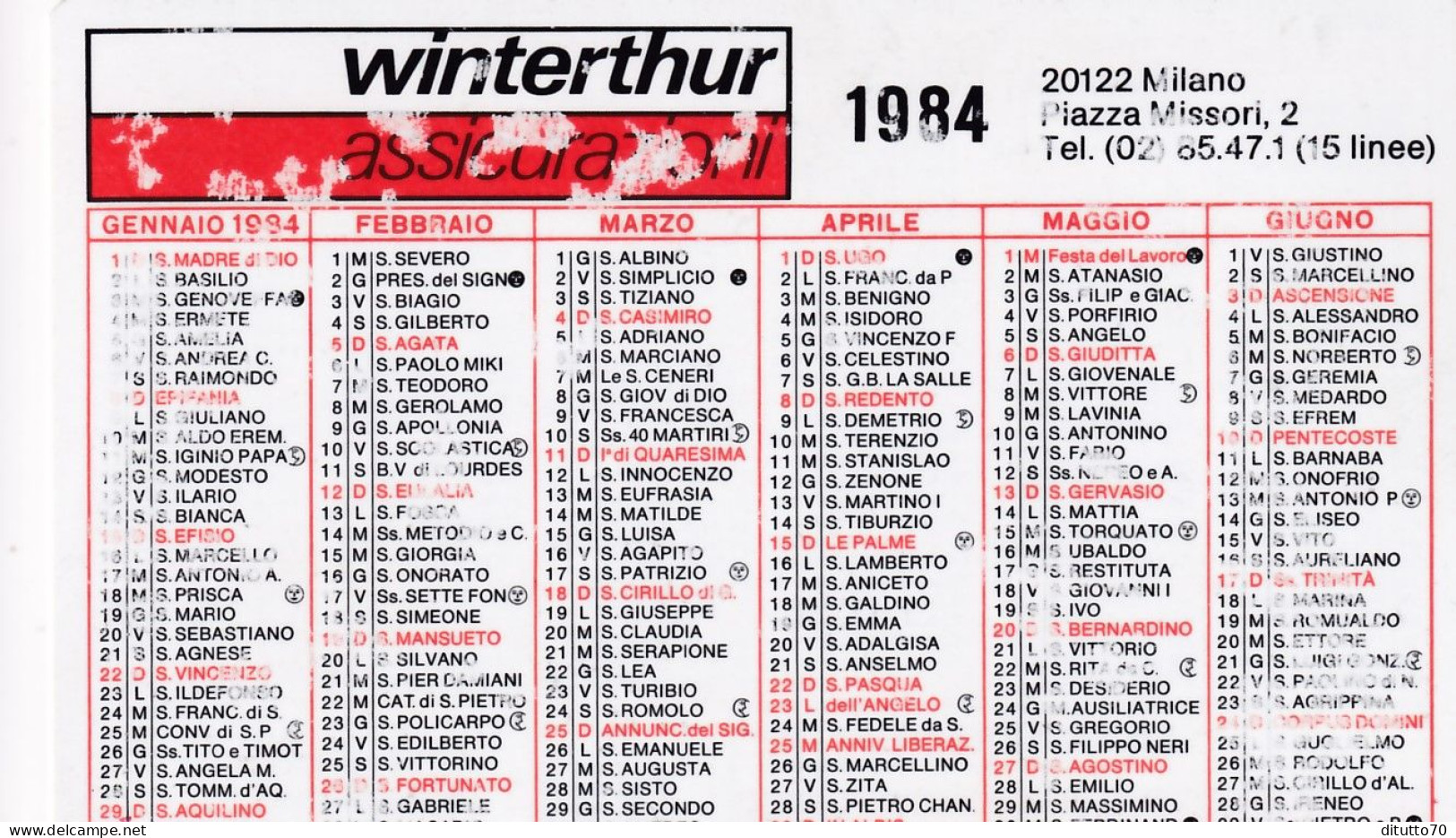 Calendarietto - Winterthur - Assicurazioni - Milano - Anno 1984 - Small : 1981-90