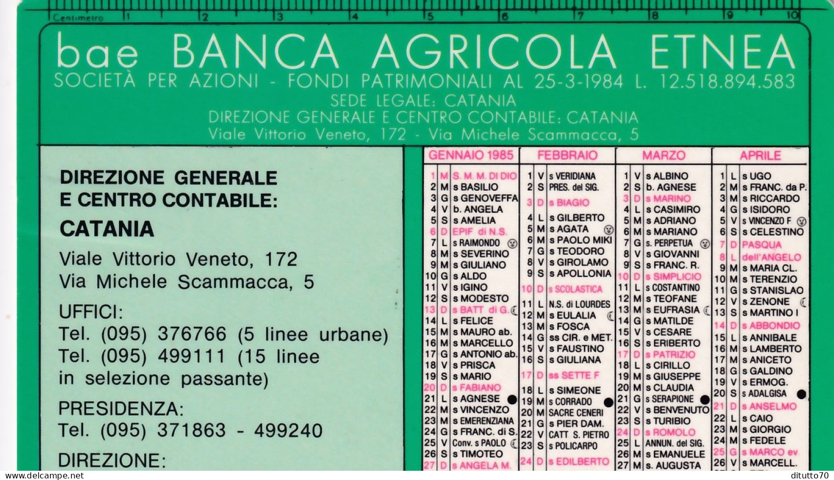 Calendarietto - Banca Agricola Etnea- Anno 1985 - Petit Format : 1981-90