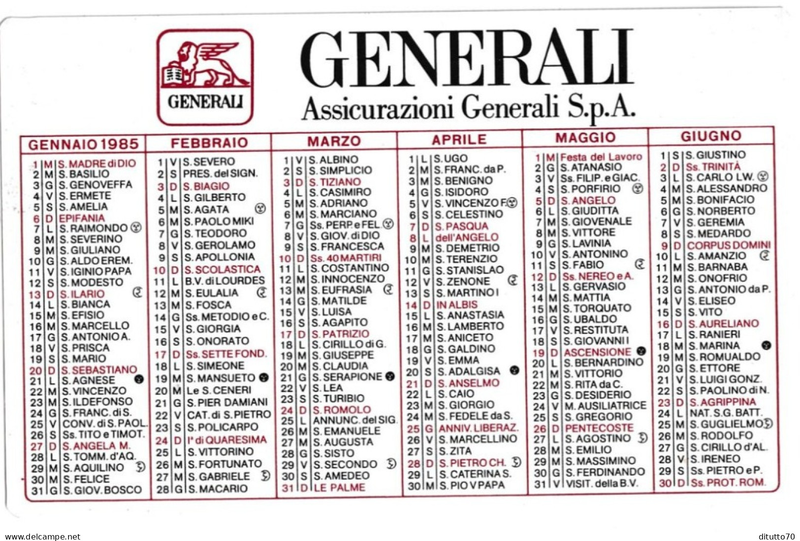 Calendarietto - Generali Assicurazioni - Anno 1985 - Petit Format : 1981-90