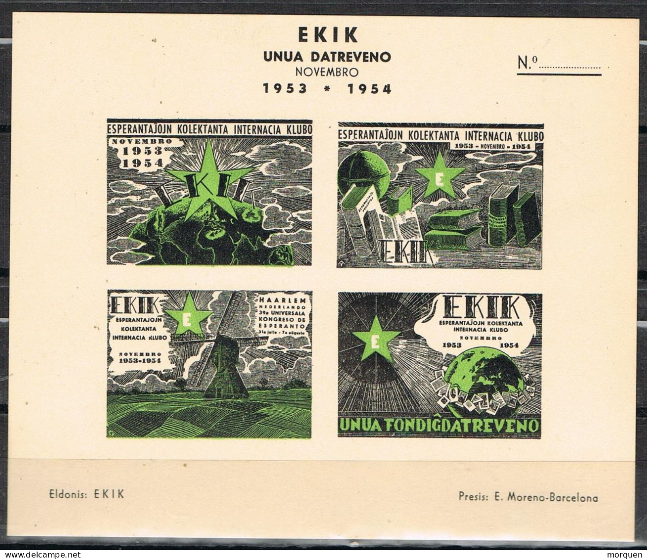 Hojita HAARLEM (Holland) 1953. EKIK, ESPERANTO Club Internacional Sin Dentar - Fantasy Labels