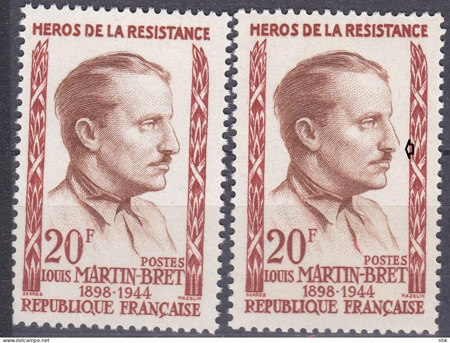 18216 Variété : N° 1201 Louis Martin-Bret Bou Du Nez Effacé + Normal ** - Unused Stamps