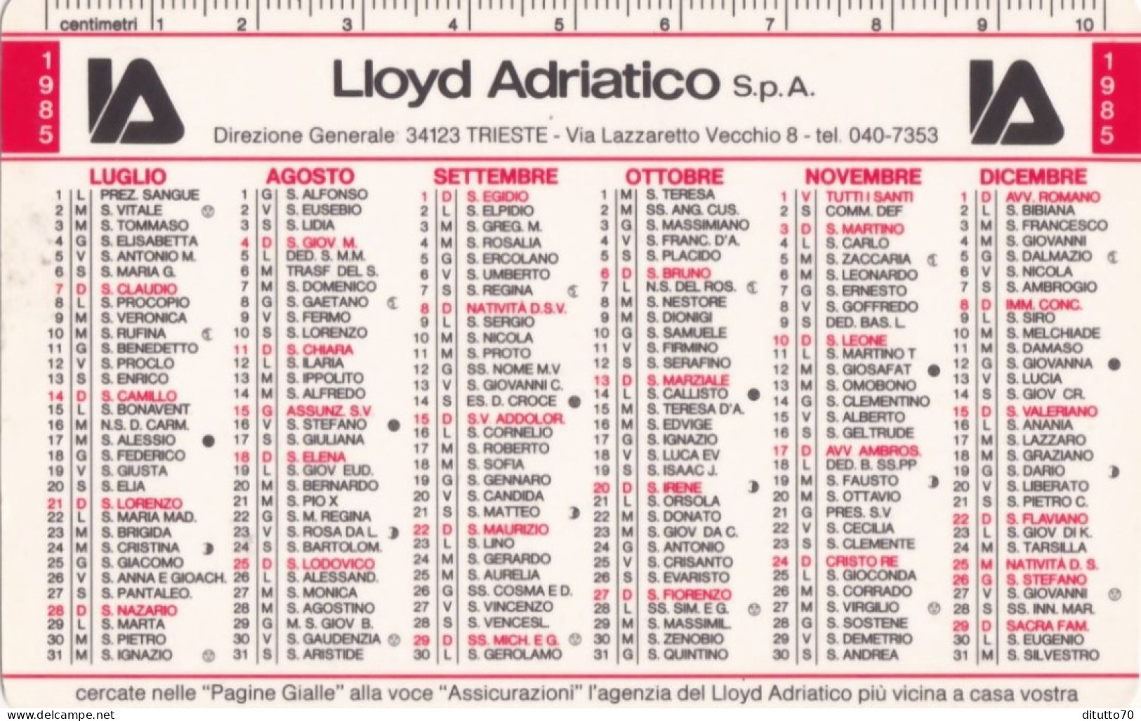 Calendarietto - Lloyd Adriatica - Trieste - Anno 1985 - Petit Format : 1981-90