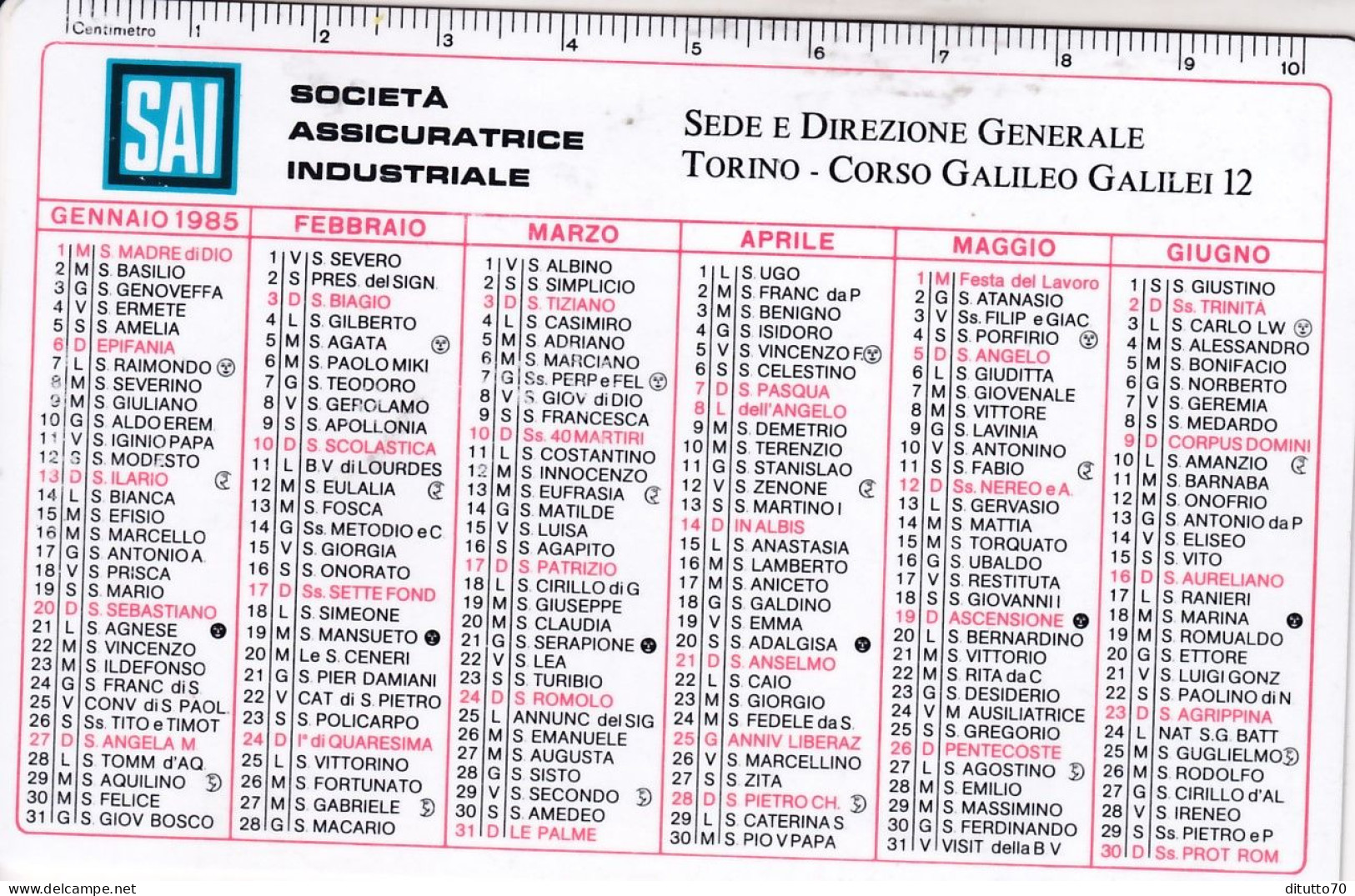 Calendarietto - SAI - Società Assicuratrice Industriale - Torino - Anno 1985 - Small : 1981-90