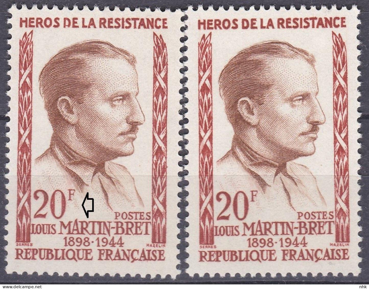 18217 Variété : N° 1201 Louis Martin-Bret Faciale Brun Clair Au Lieu De Brun + Normal ** - Unused Stamps