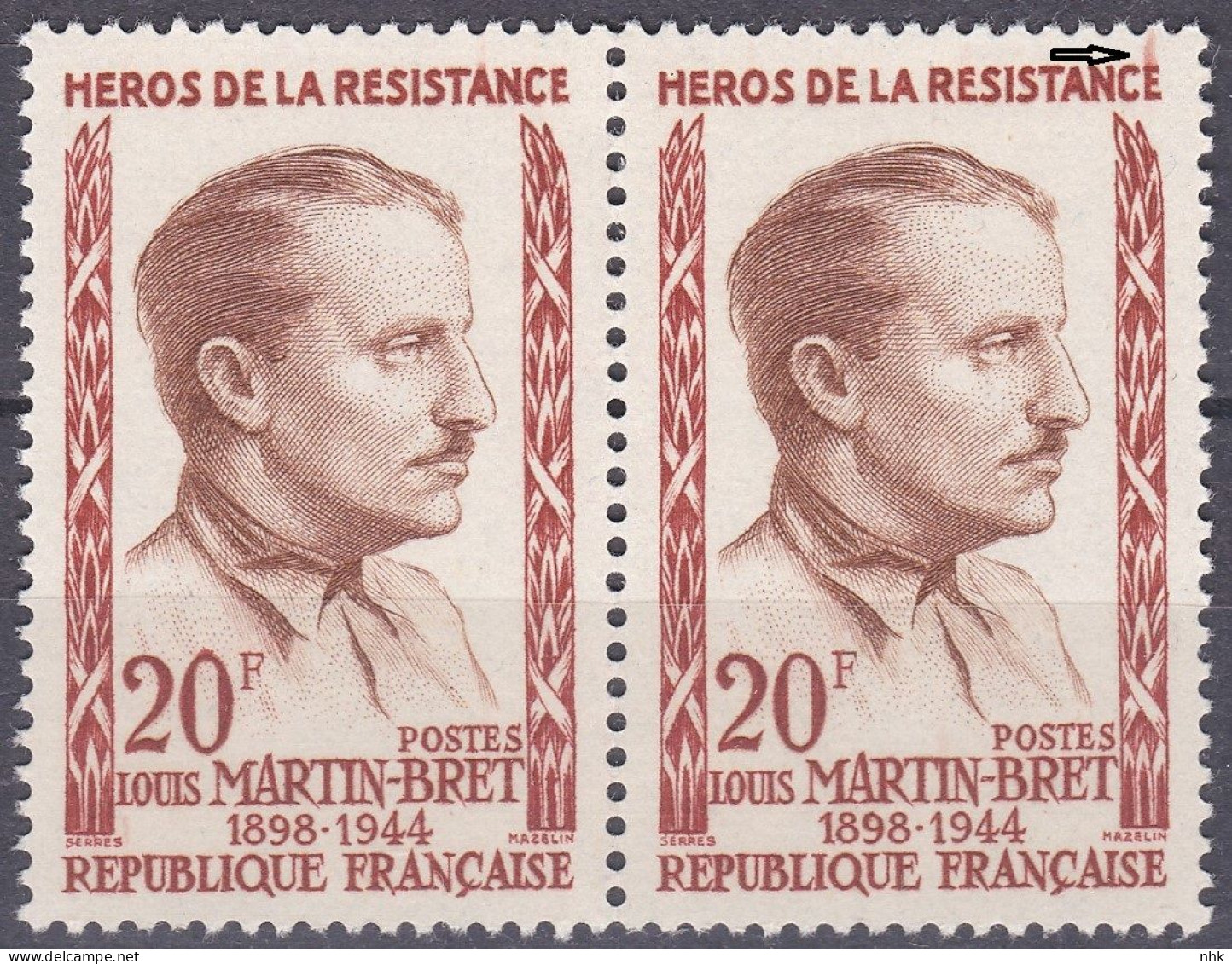 18218 Variété : N° 1201 Louis Martin-Bret Défaut D'essuyage Sur Le Dernier E De RESISTANCE Tenant à Normal ** - Nuovi