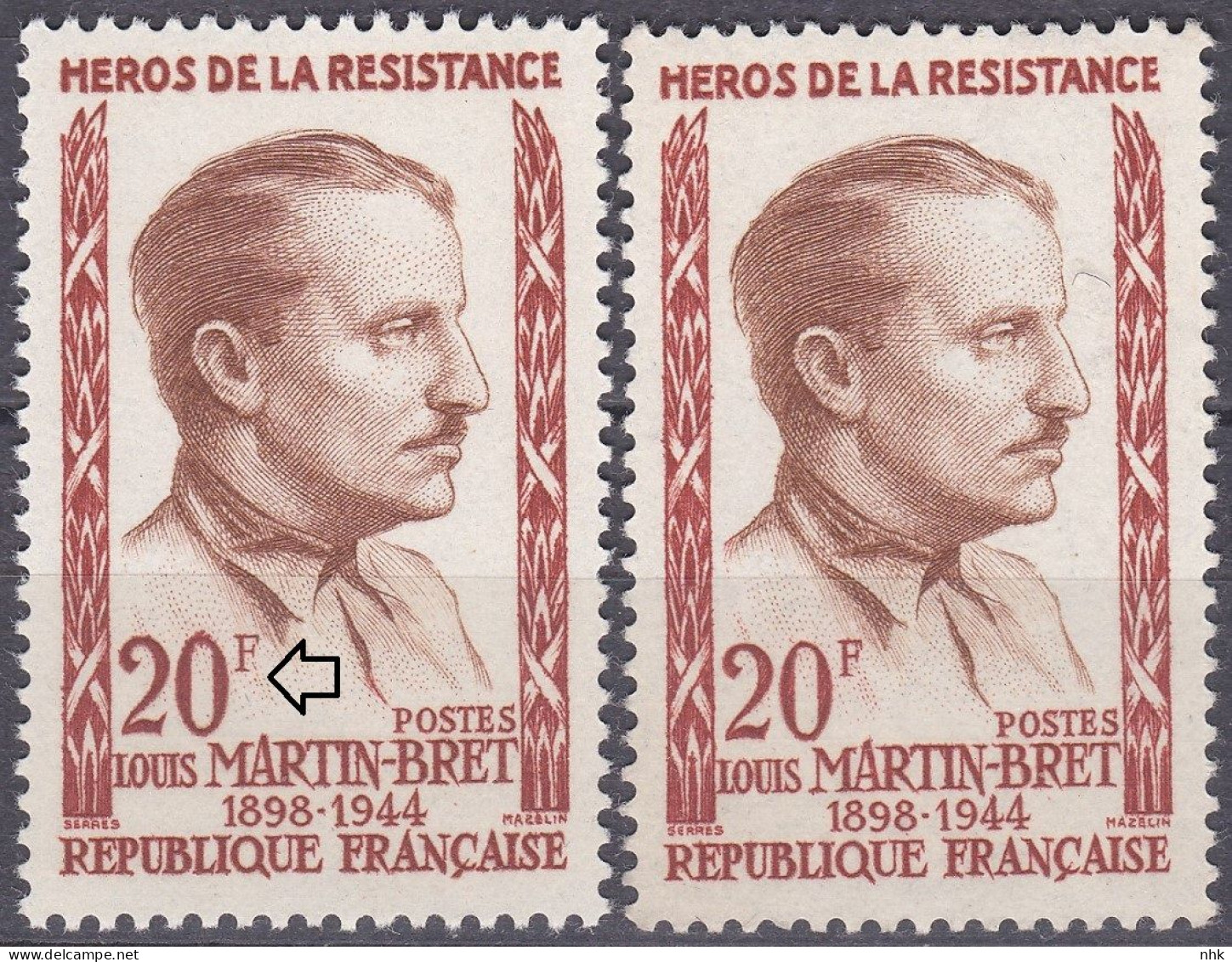 18219 Variété : N° 1201 Louis Martin-Bret  Grand 20 De 20f + Normal ** - Unused Stamps