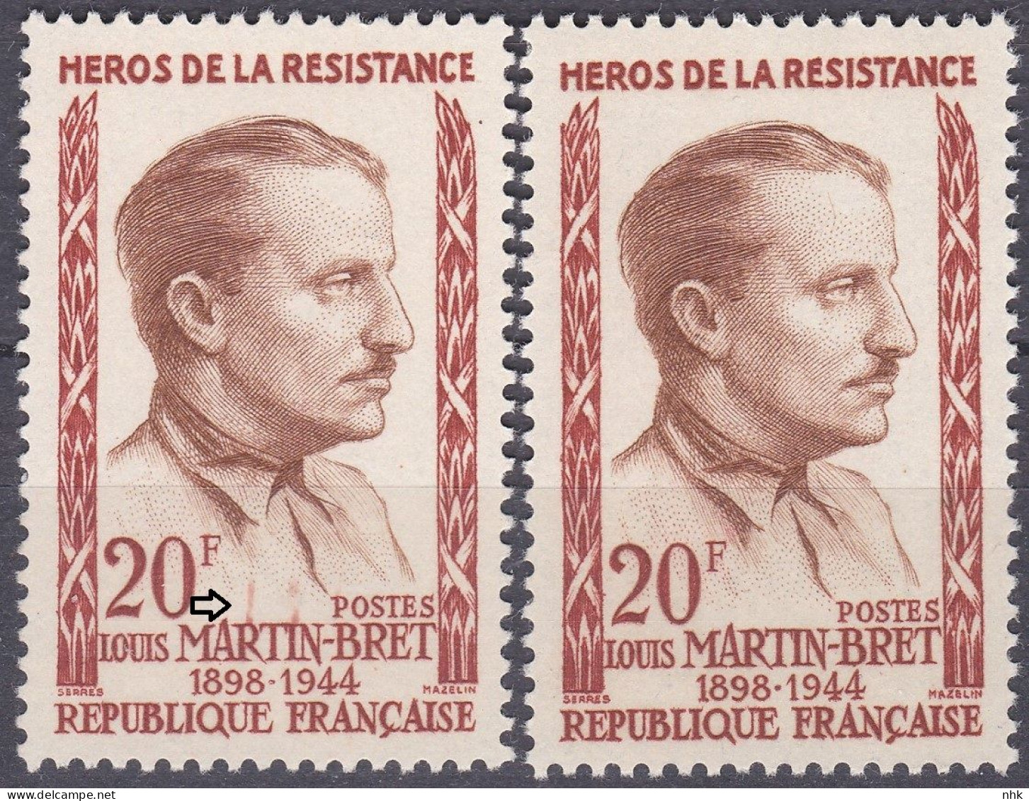 18220 Variété : N° 1201 Louis Martin-Bret Défaut D'essuyage + Normal ** - Unused Stamps