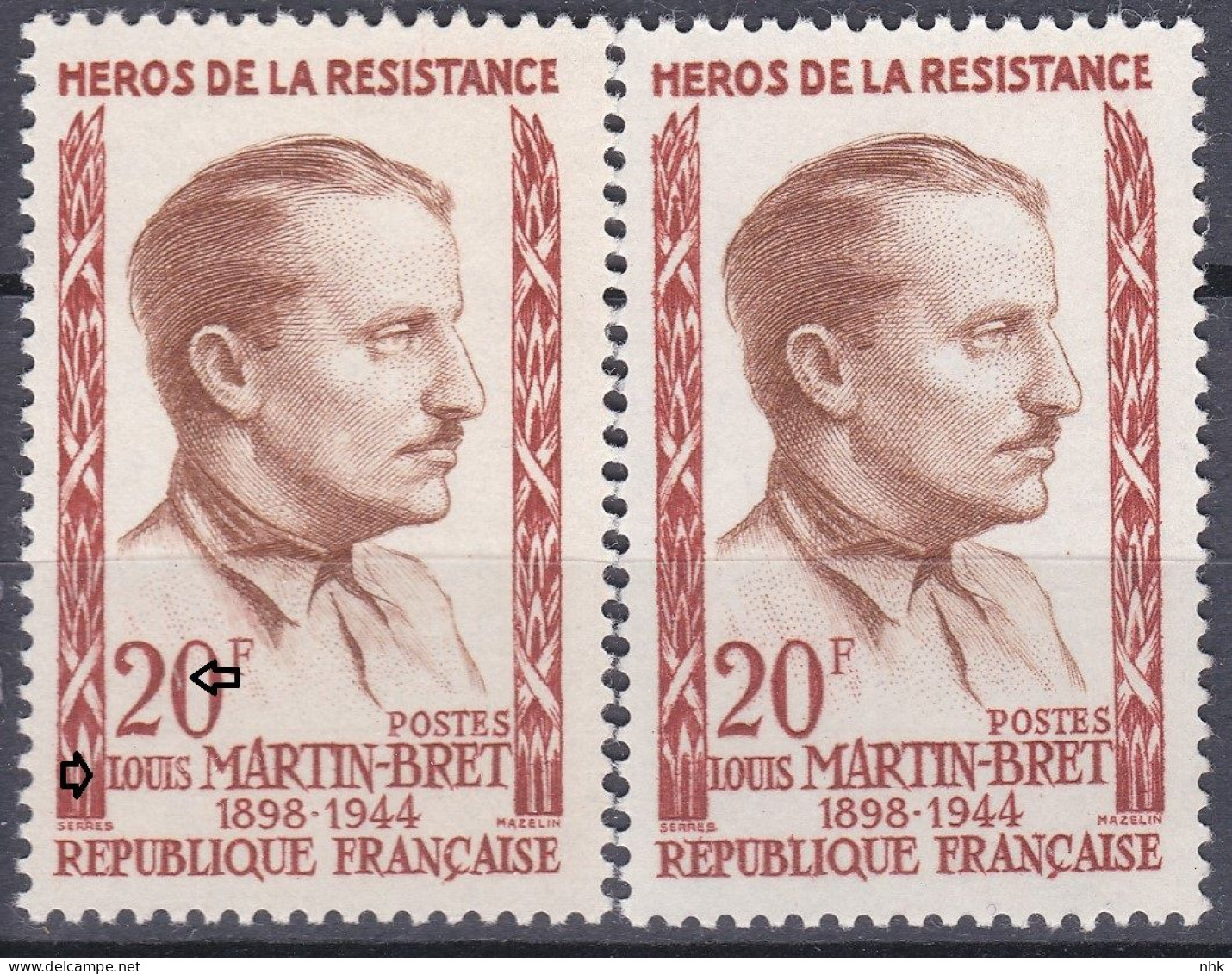 18221 Variété : N° 1201 Louis Martin-Bret 0 De 20f Coupé Et Lettres De LOUIS évidés + Normal ** - Nuovi