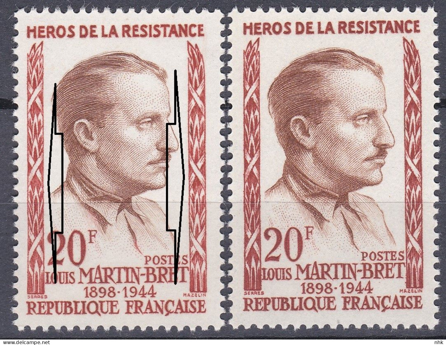 18222 Variété : N° 1201 Louis Martin-Bret Lauriers Brun Clair Au Lieu De Brun + Normal ** - Unused Stamps