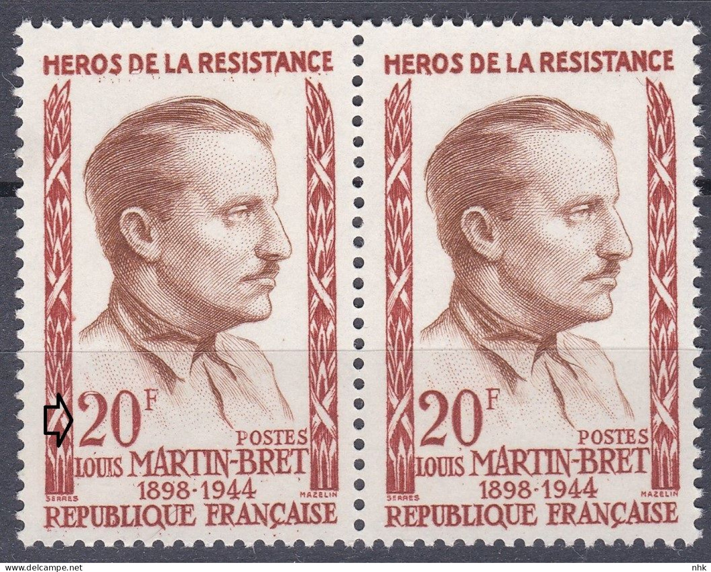 18223 Variété : N° 1201 Louis Martin-Bret 2 Et P De POSTES évidés Tenant à Normal ** - Unused Stamps