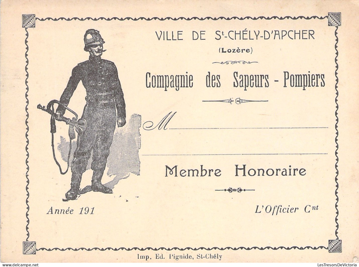 Ville De St Chely D'apcher - Lozere - Compagnie Des Sapeurs Pompiers - Membre Honoraire - Carte De Membre - 12x9cm - Tarjetas De Membresía