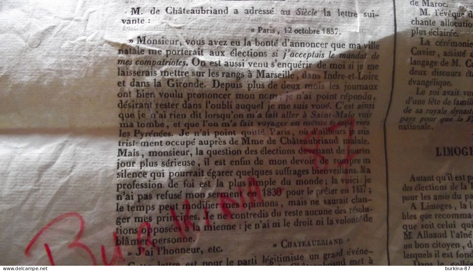 LES ANNALES DE LA HAUTE VIENNE, 1837, Journal Constitutionnel De La Haute Vienne, Limoges, N°43 - 1800 - 1849