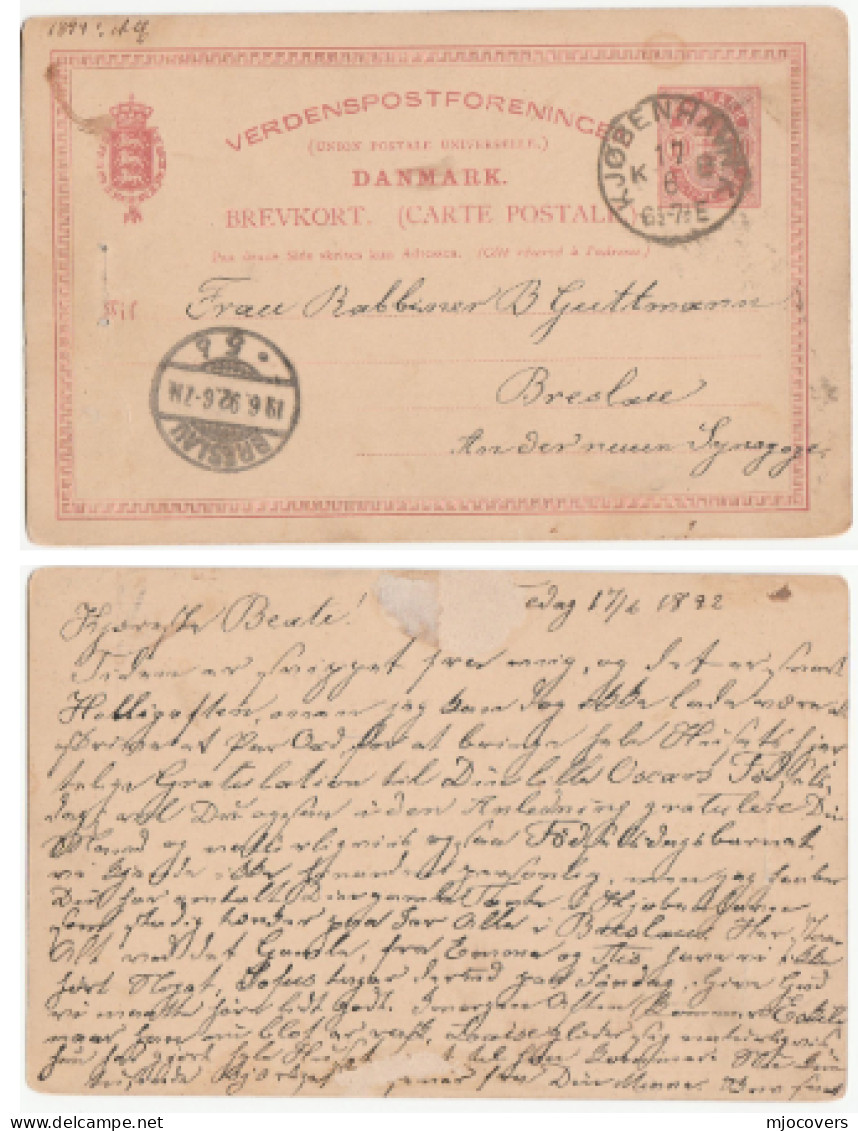 1892 Denmark To BRESLAU SYNAGOGUE Rabbi GUTTMANN Wife Germany Postal STATIONERY CARD Jew Judaica Jewish Cover - Judaika, Judentum
