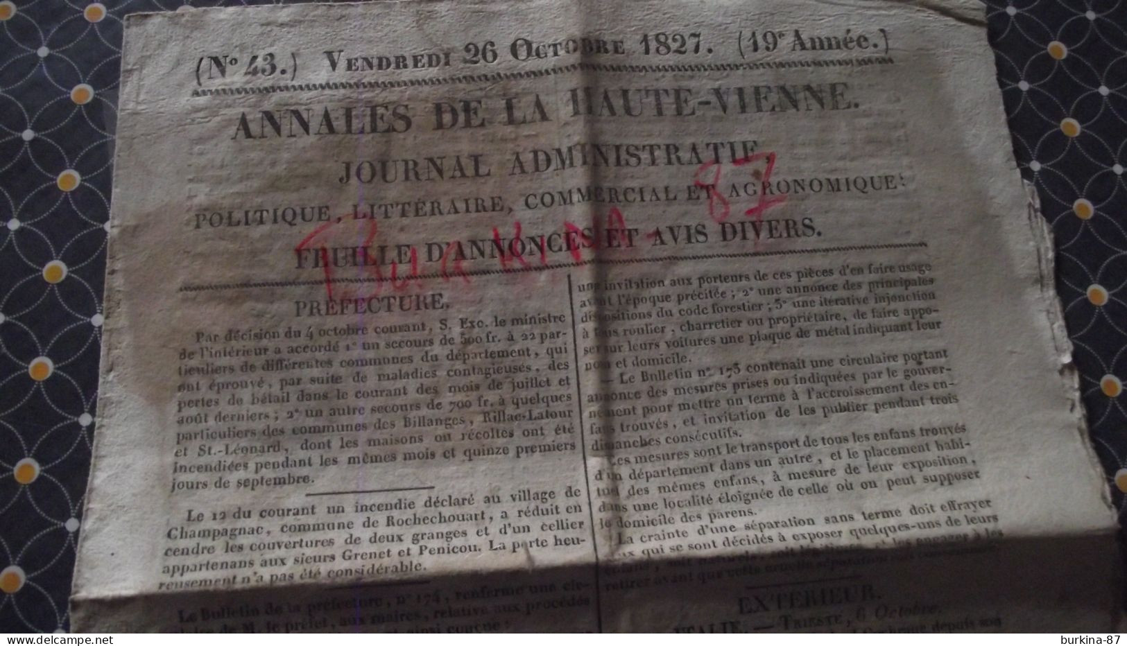 LES ANNALES DE LA HAUTE VIENNE, 1827, Journal Administratif Politique Littéraire  La Haute Vienne, Limoges, N°43 - 1800 - 1849