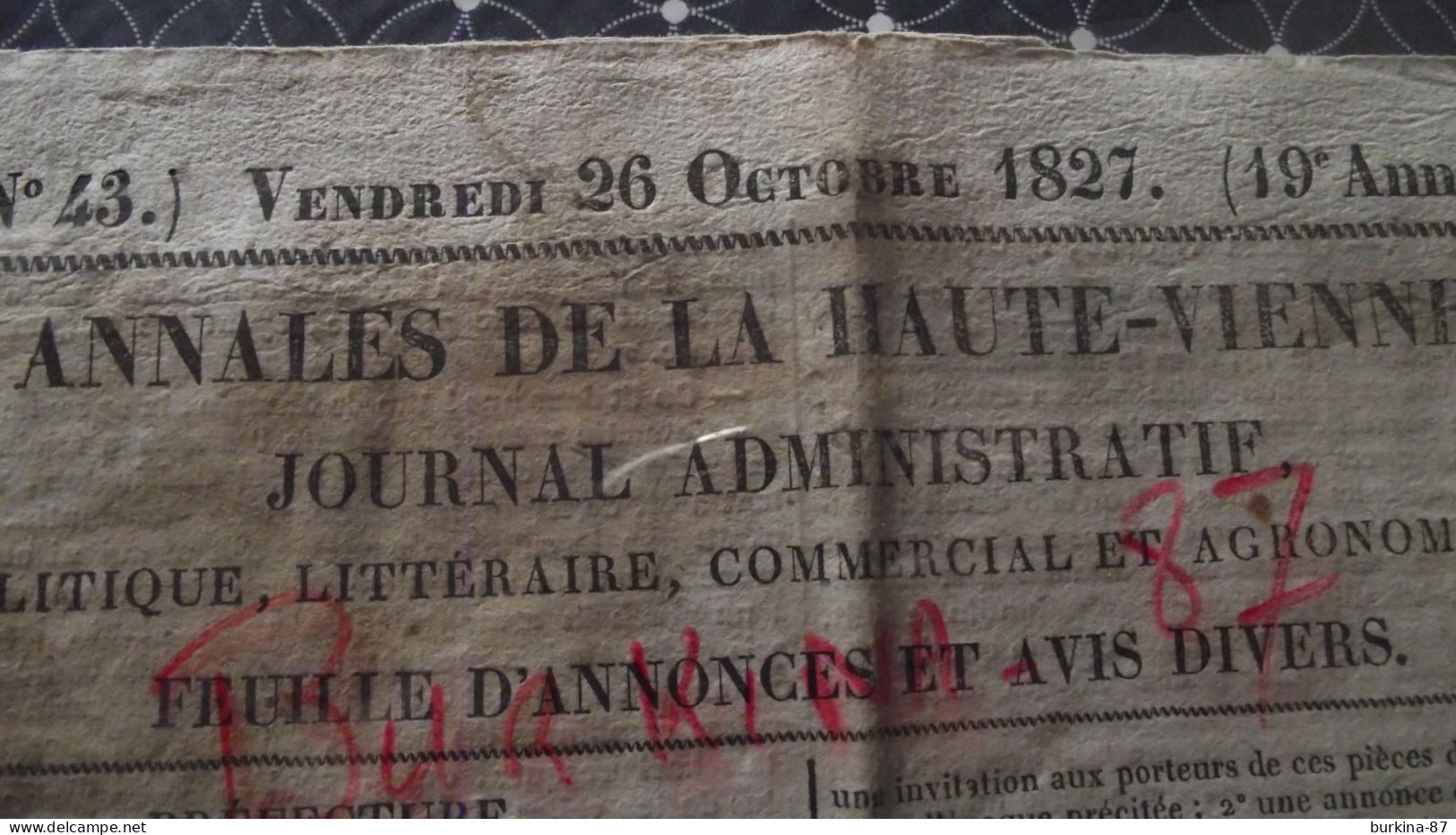 LES ANNALES DE LA HAUTE VIENNE, 1827, Journal Administratif Politique Littéraire  La Haute Vienne, Limoges, N°43 - 1800 - 1849