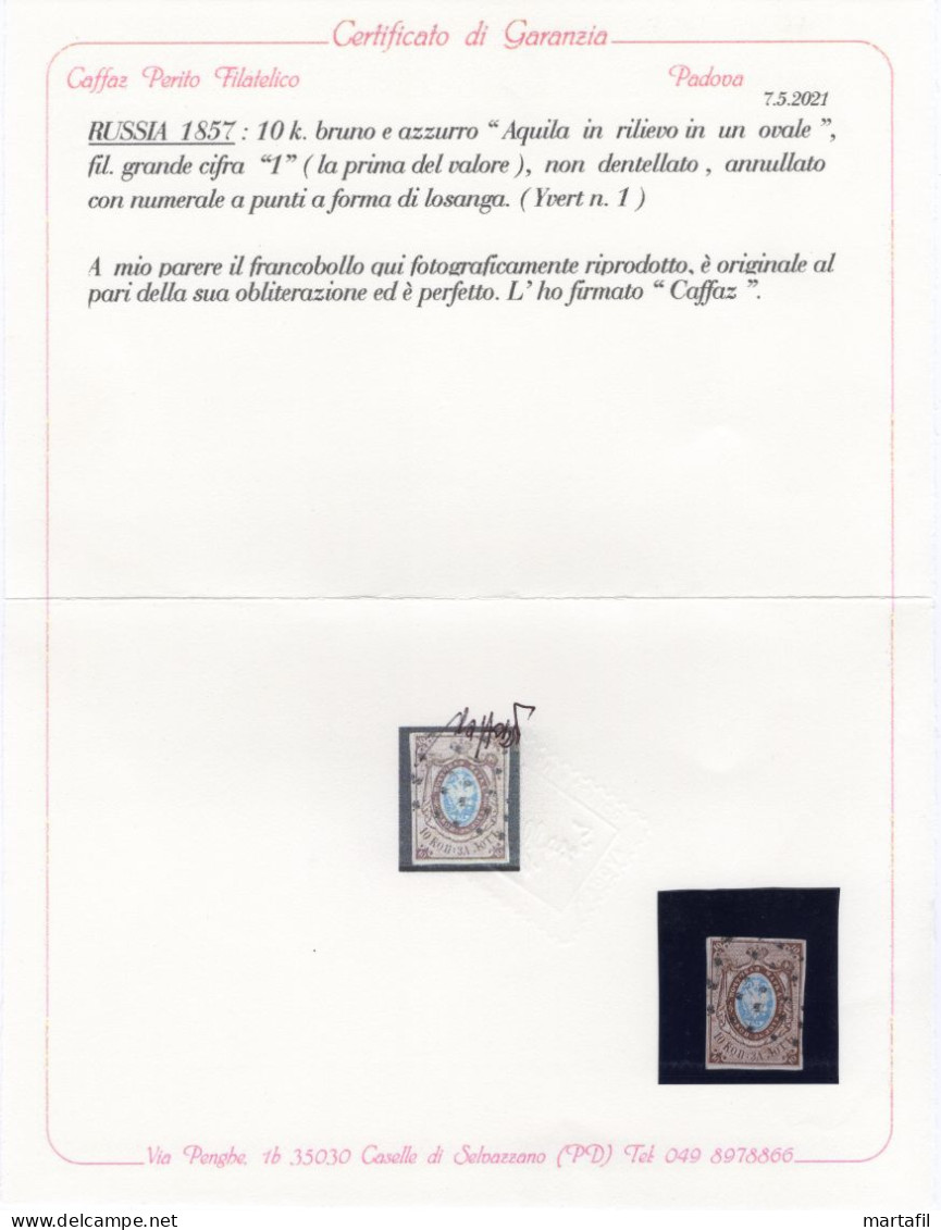 1857 RUSSIA N.1 USATO Certificato CAFFAZ, Firmato Sorani, Chiavarello, Diena - Gebraucht