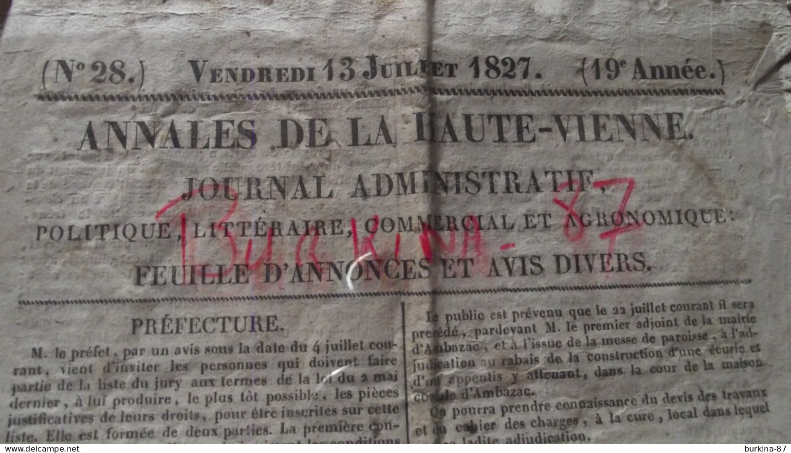 LES ANNALES DE LA HAUTE VIENNE, 1827, Journal Administratif Politique Littéraire  La Haute Vienne, Limoges, N°28 - 1800 - 1849