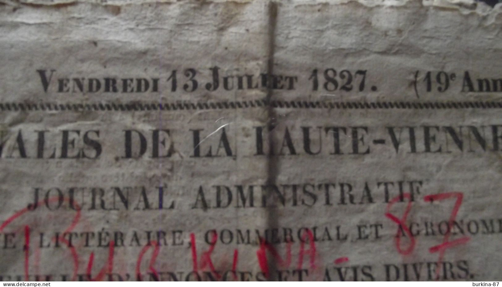 LES ANNALES DE LA HAUTE VIENNE, 1827, Journal Administratif Politique Littéraire  La Haute Vienne, Limoges, N°28 - 1800 - 1849