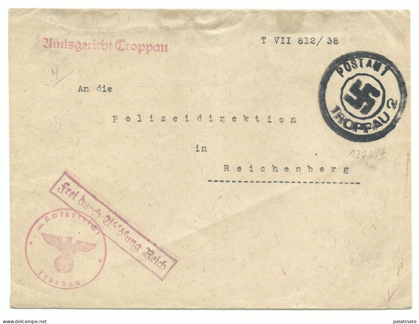 Sudetenland Dienst-Brief Amtsgericht TROPPAU (Opava) Notstempel M. Hakenkreuz 1938 - Sudetes
