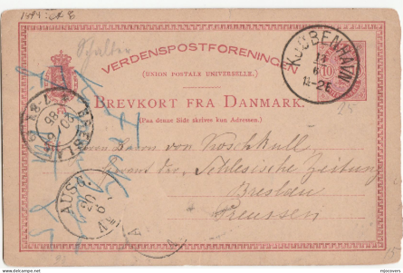 1885 - 1905  Denmark To Breslau Germany POSTAL STATIONERY CARDS Cover Card Stamps - Briefe U. Dokumente