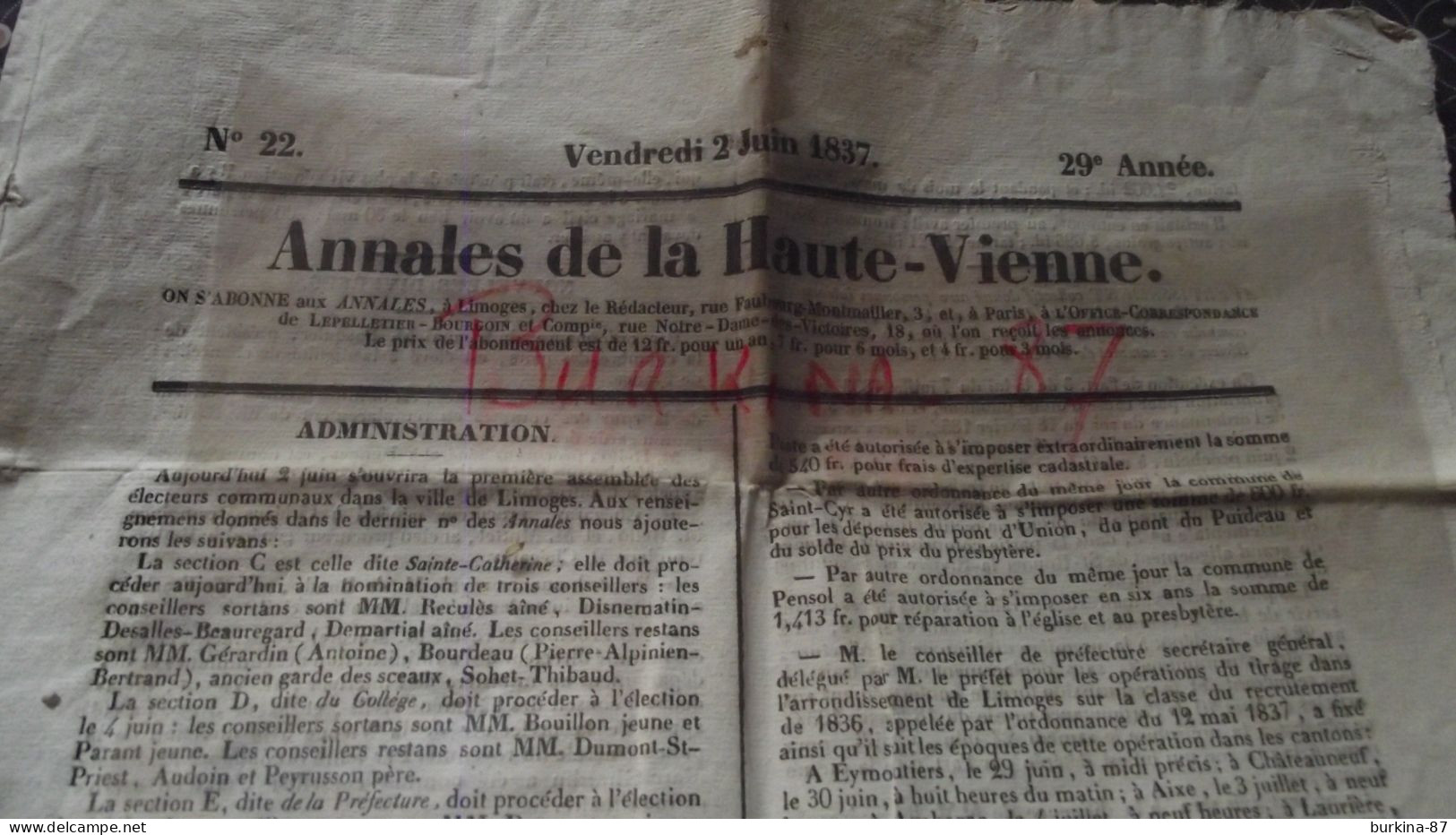 LES ANNALES DE LA HAUTE VIENNE, 1837, Journal Administratif Politique Littéraire  La Haute Vienne, Limoges, N°22 - 1800 - 1849