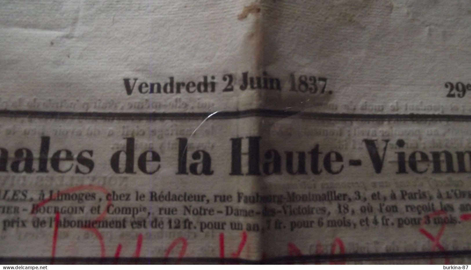 LES ANNALES DE LA HAUTE VIENNE, 1837, Journal Administratif Politique Littéraire  La Haute Vienne, Limoges, N°22 - 1800 - 1849