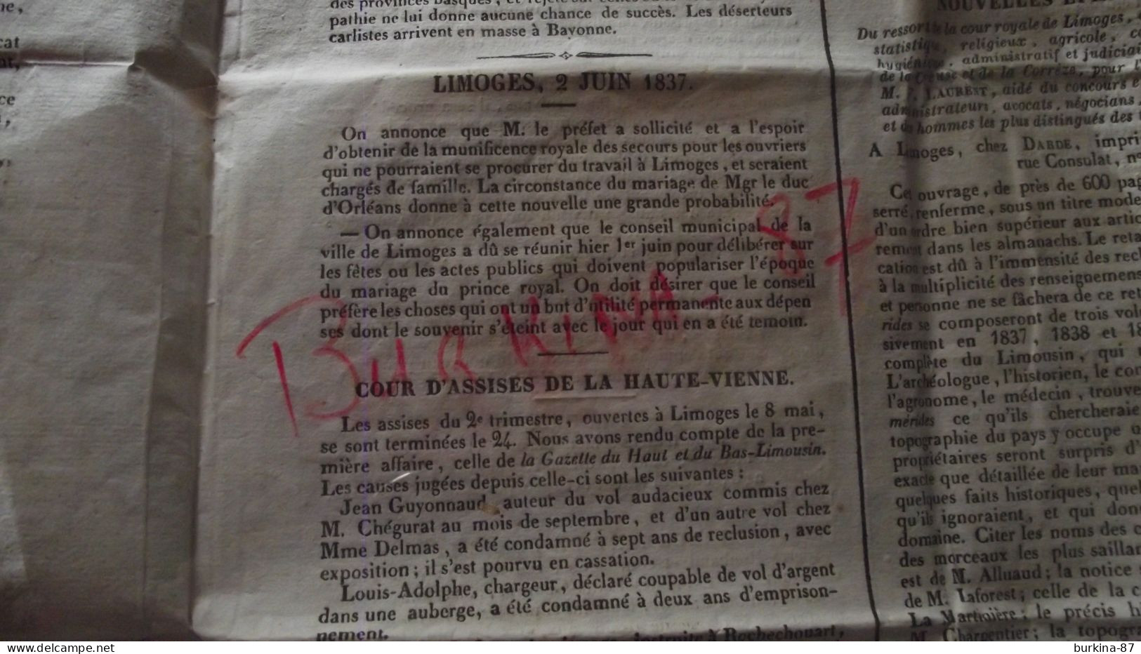 LES ANNALES DE LA HAUTE VIENNE, 1837, Journal Administratif Politique Littéraire  La Haute Vienne, Limoges, N°22 - 1800 - 1849