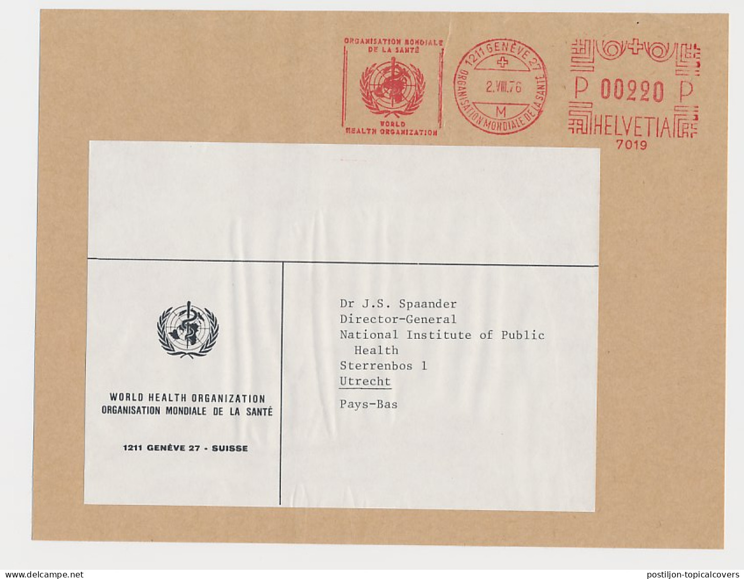 Address Label Switzerland 1976 United Nations - WHO - World Health Organization - UNO