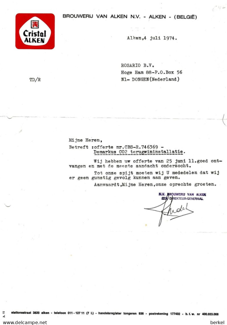 BIERBROUWERIJ CRISTAL ALKEN BELGIË Brief 4.07.1974 Brasserie - Lebensmittel