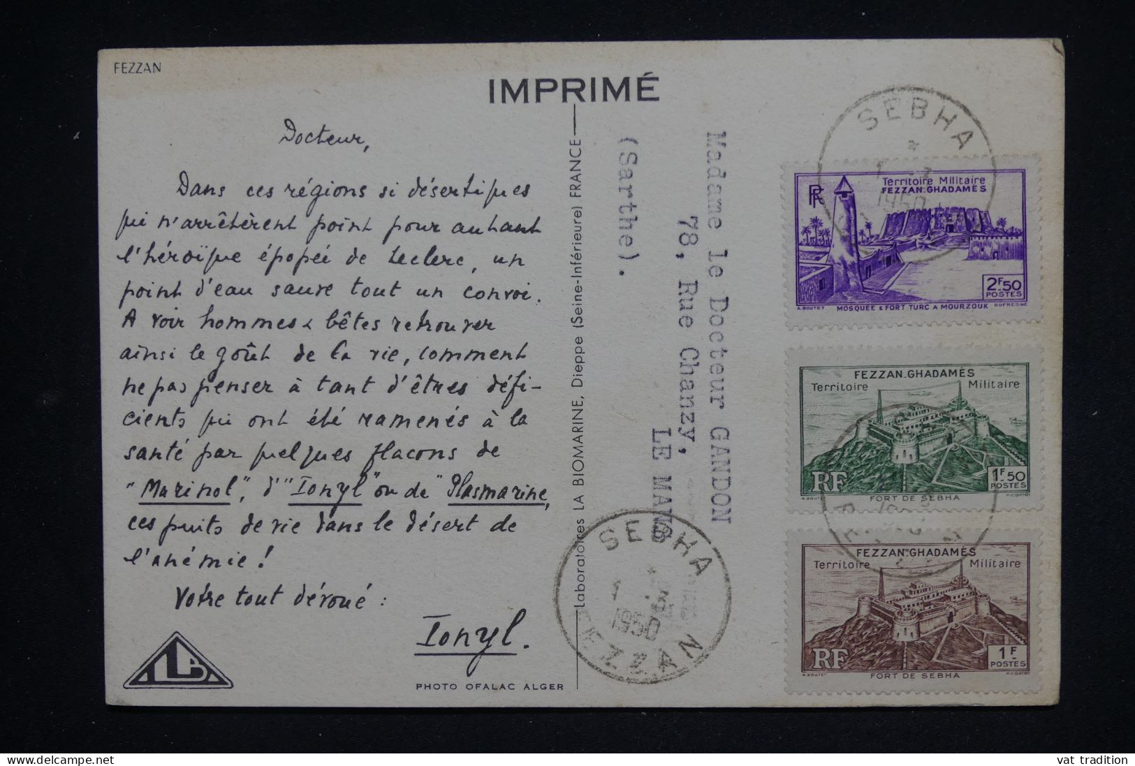 FEZZAN - Carte Biomarine, De Sebha Pour Le Mans En 1950  - L 150267 - Briefe U. Dokumente
