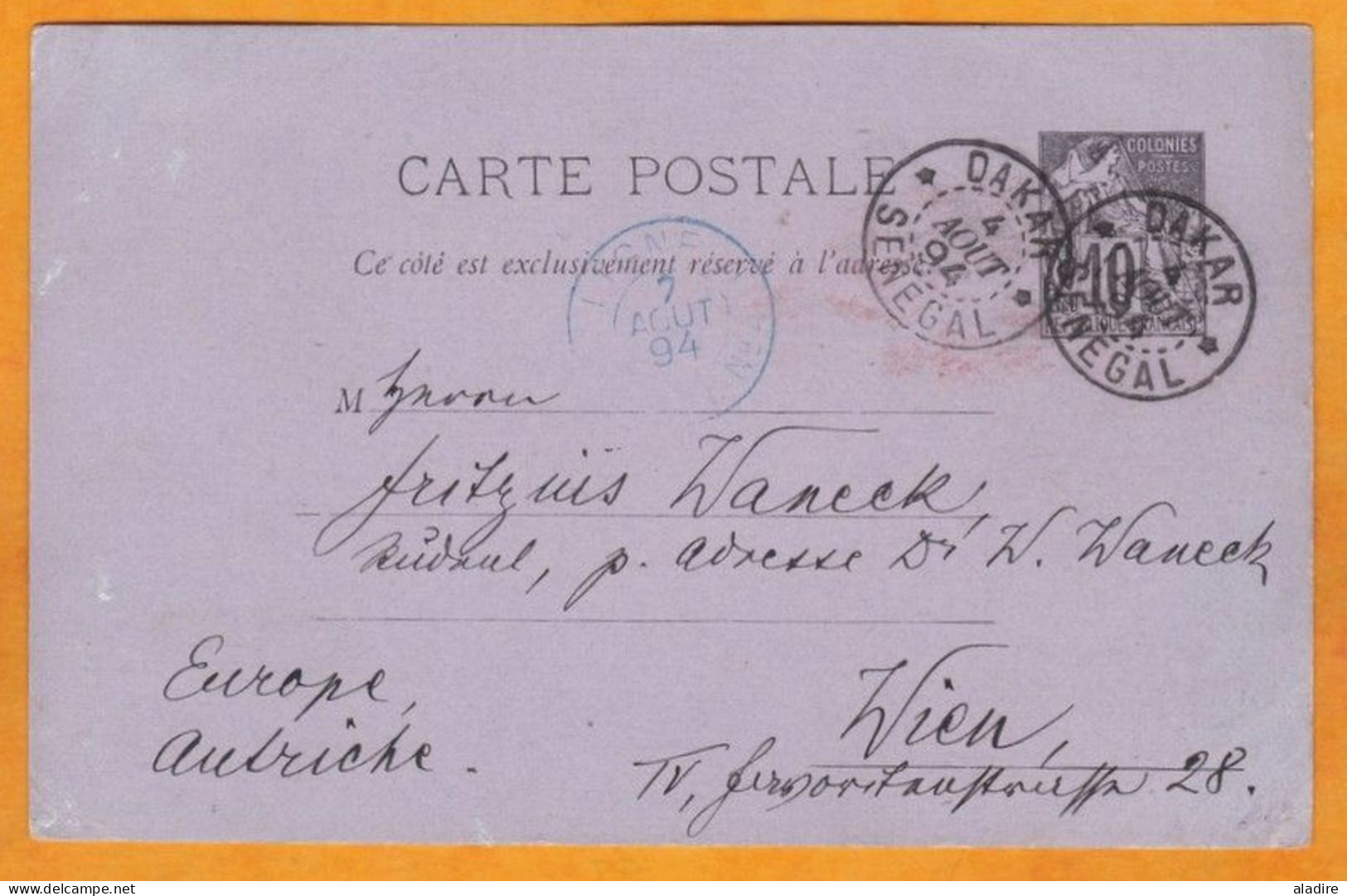 1894 - Entier CP 10 Centimes Alphée Dubois De Dakar, Sénégal Vers Wien Vienne, Autriche - Ligne Maritime N°4 - Alphée Dubois