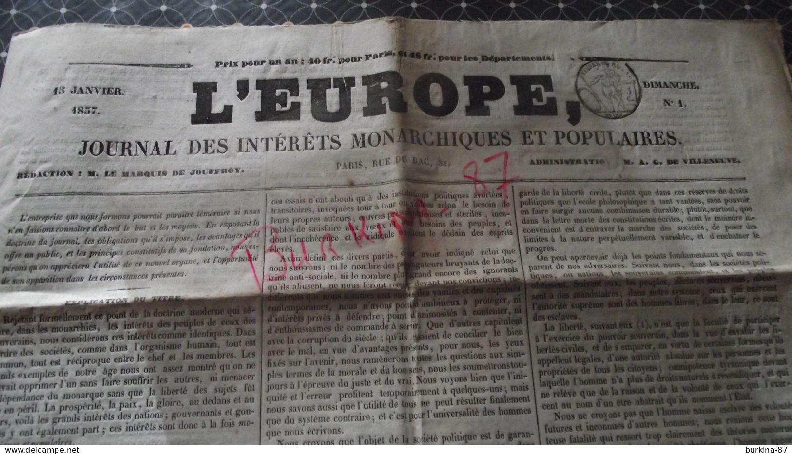 L'EUROPE, 1837, Journal  Des Intérêts Monarchiques Et Populaires, Limoges, N°1 - 1800 - 1849