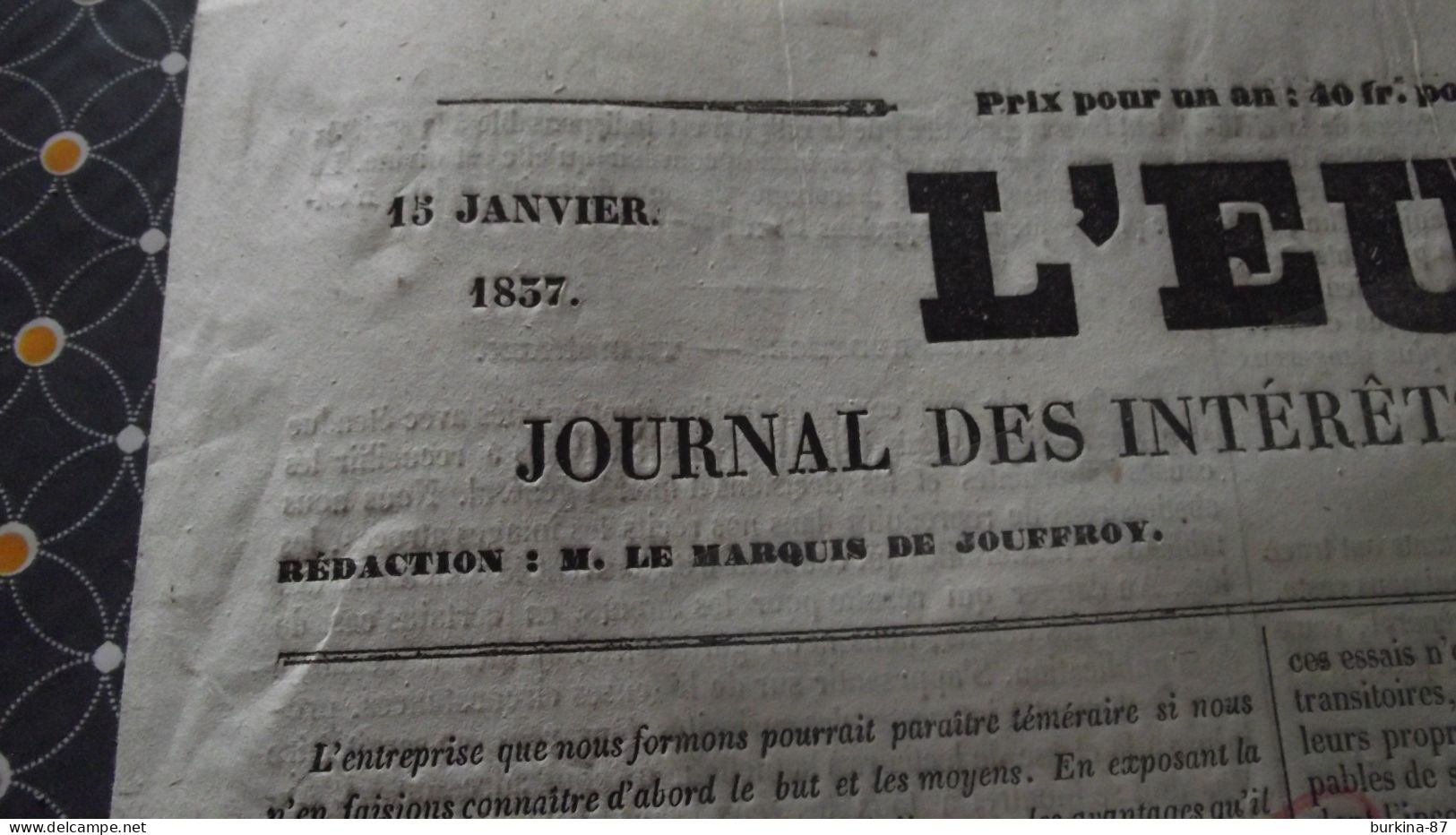 L'EUROPE, 1837, Journal  Des Intérêts Monarchiques Et Populaires, Limoges, N°1 - 1800 - 1849