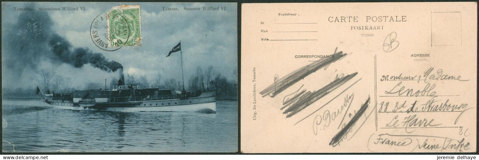 Carte Postale - Temsche / Tamise : Steamer Wilford VI, Stoomboot (Uitg. De Landsheer, Carte Bleu) - Temse