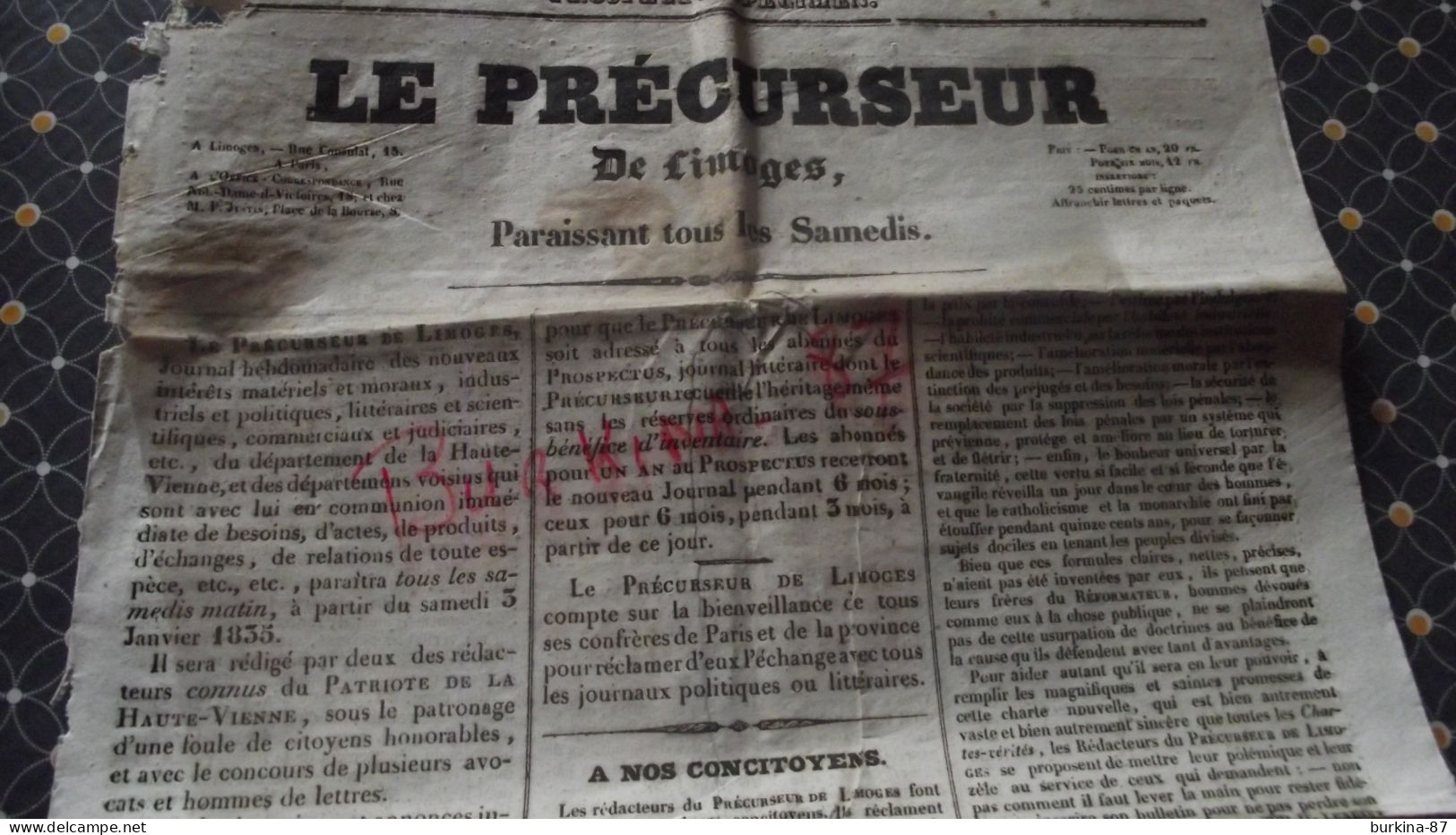 Le PRECURSEUR De LIMOGES 1835, Journal, Limoges, Prospectus Spécimen - 1800 - 1849