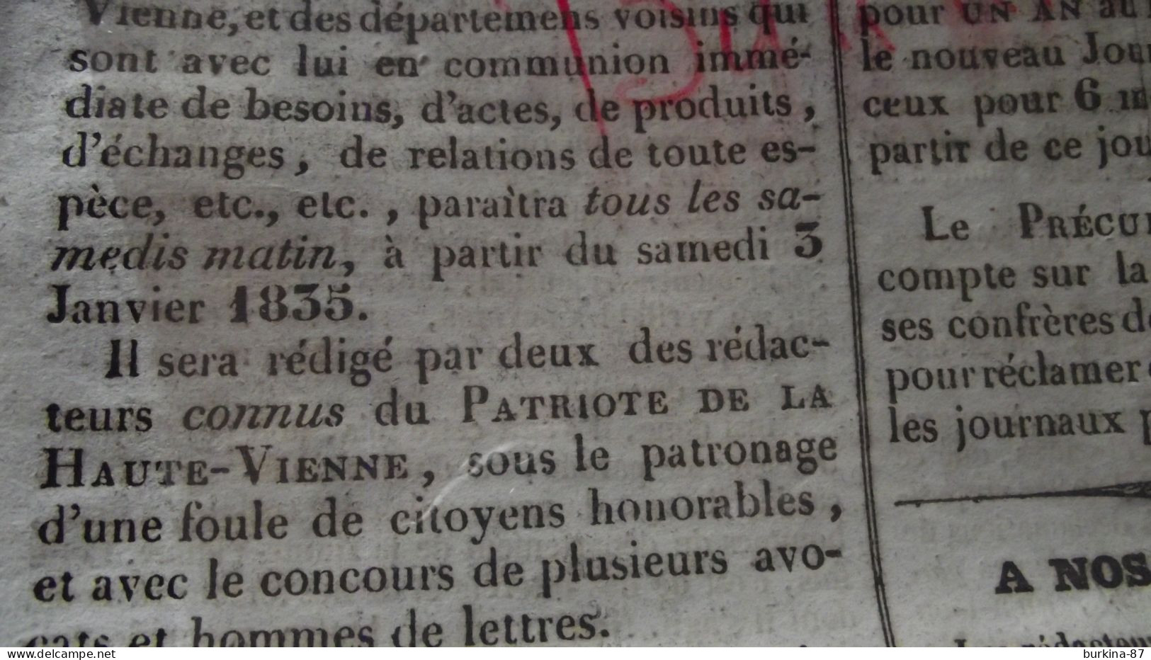 Le PRECURSEUR De LIMOGES 1835, Journal, Limoges, Prospectus Spécimen - 1800 - 1849