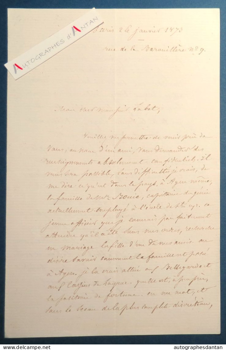 ● L.A.S 1873 Aristide De GONDRECOURT Militaire écrivain Né En Guadeloupe Lettre Autographe à M. Labat - Político Y Militar