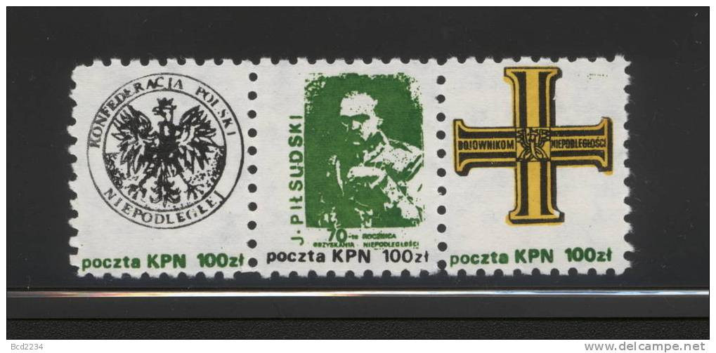 POLAND SOLIDARNOSC KPN 1989 70TH ANNIV OF INDEPENDENCE STRIP OF 3 (SOLID0661/0492) - Vignettes Solidarnosc