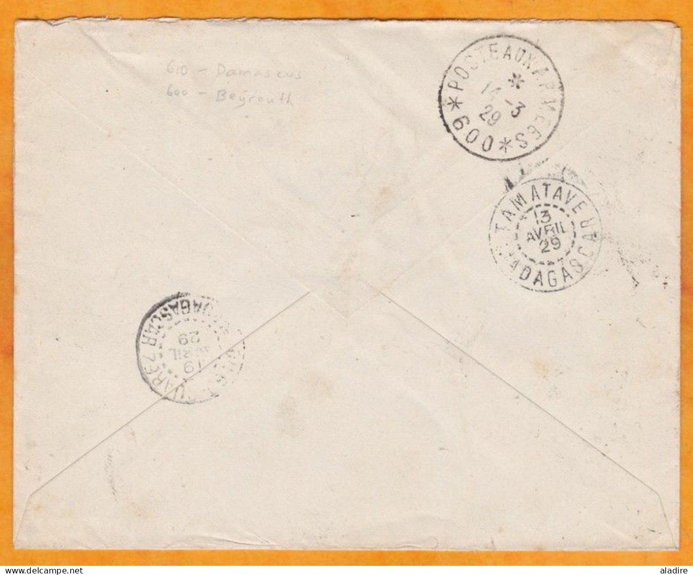 1929 - Enveloppe Recommandée Du SP 610 Damas Vers Diego Suarez Via SP 600 Beyrouth Et Tamatave - Cad Transit & Arrivée - Lettres & Documents
