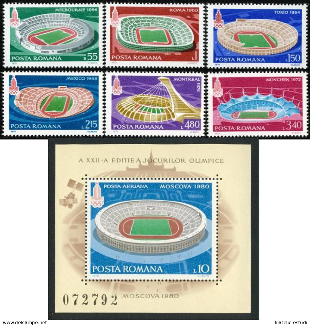 DEP1 Rumanía  Romania Nº 3210/15 + HB 139  1979 Estadios Olímpicos - Altri & Non Classificati