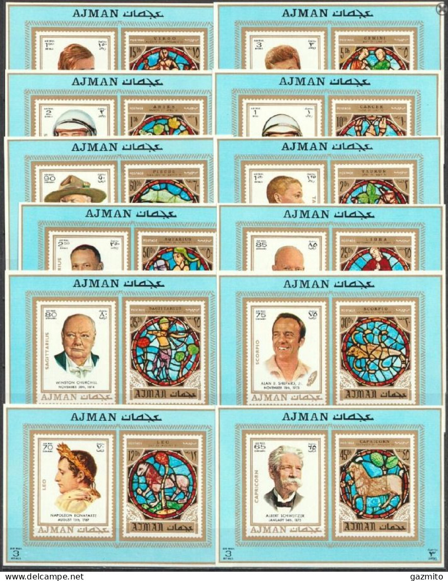 Ajman 1971, Personalities, Zodiac, Napoleon, Scout, Churchill, Kennedy, Schweitzer, 12Blocks - Napoléon