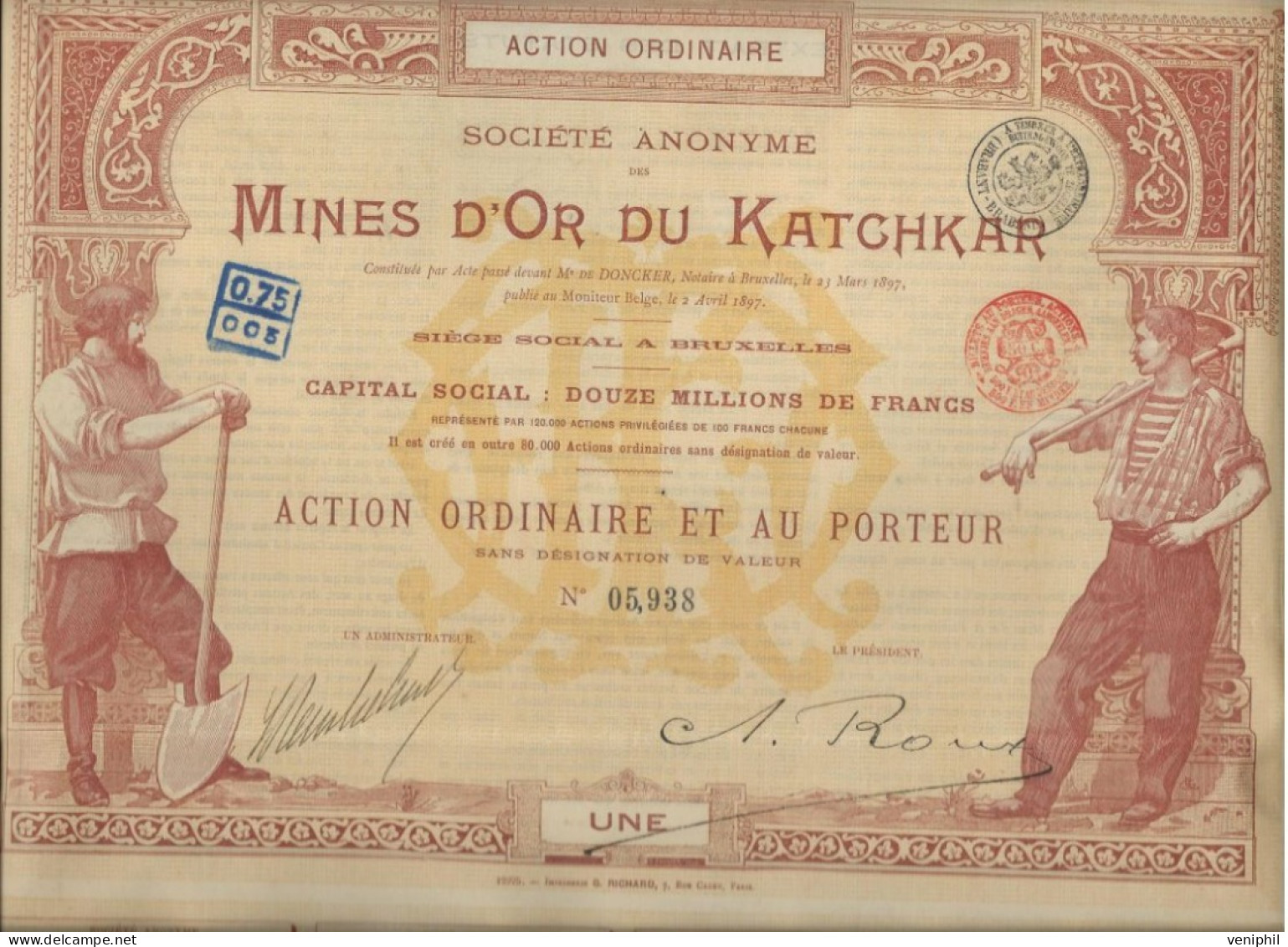 MINES D'OR DU KATCHKAR (ARMENIE RUSSIE ) TITRE DE CINQ ACTIONS ORDINAIRES -ANNEE 1897 - Mijnen