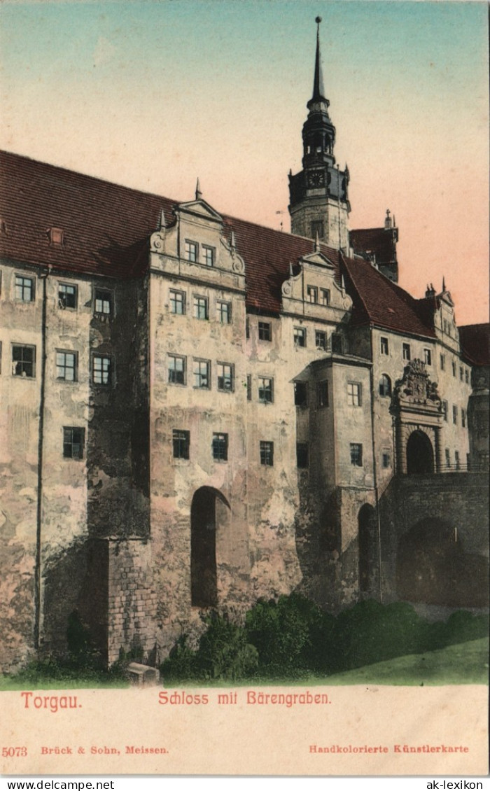 Torgau Schloss Hartenfels, Bärengraben, Handkolorierte Künstlerkarte 1905 - Torgau