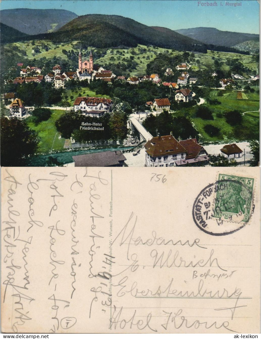 Ansichtskarte Forbach (Baden) Stadt Bahnhofshotel Gel. Bahnpost 1915 - Forbach