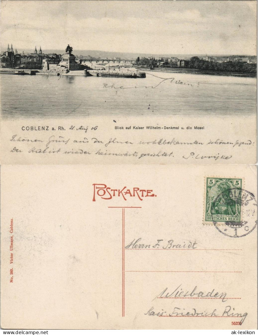 Koblenz Deutsches Eck Rhein, Kaiser-Wilhelm-Denkmal, Mosel-Mündung 1905 - Koblenz