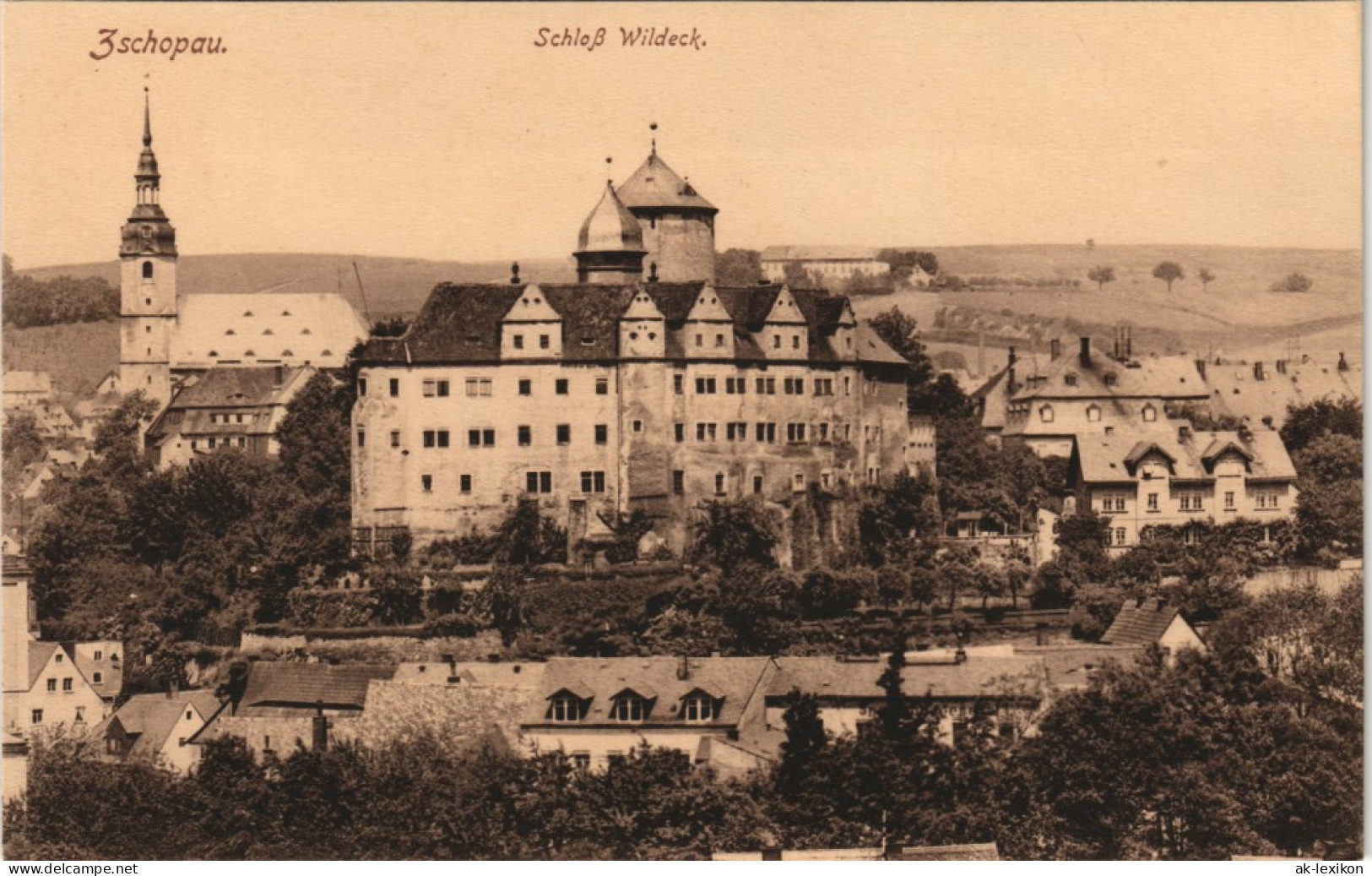 Ansichtskarte Zschopau Schloss Wildeck - Stadt, Kirche 1912 - Zschopau