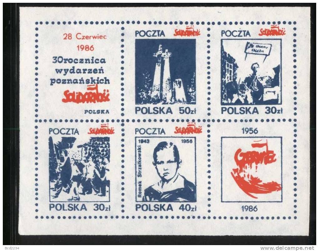 POLAND SOLIDARNOSC (POCZTA SOLIDARNOSC) 1986 30TH ANNIV OF POZNAN EVENTS MS BLUE (SOLID0730B/1036) - Solidarnosc Vignetten