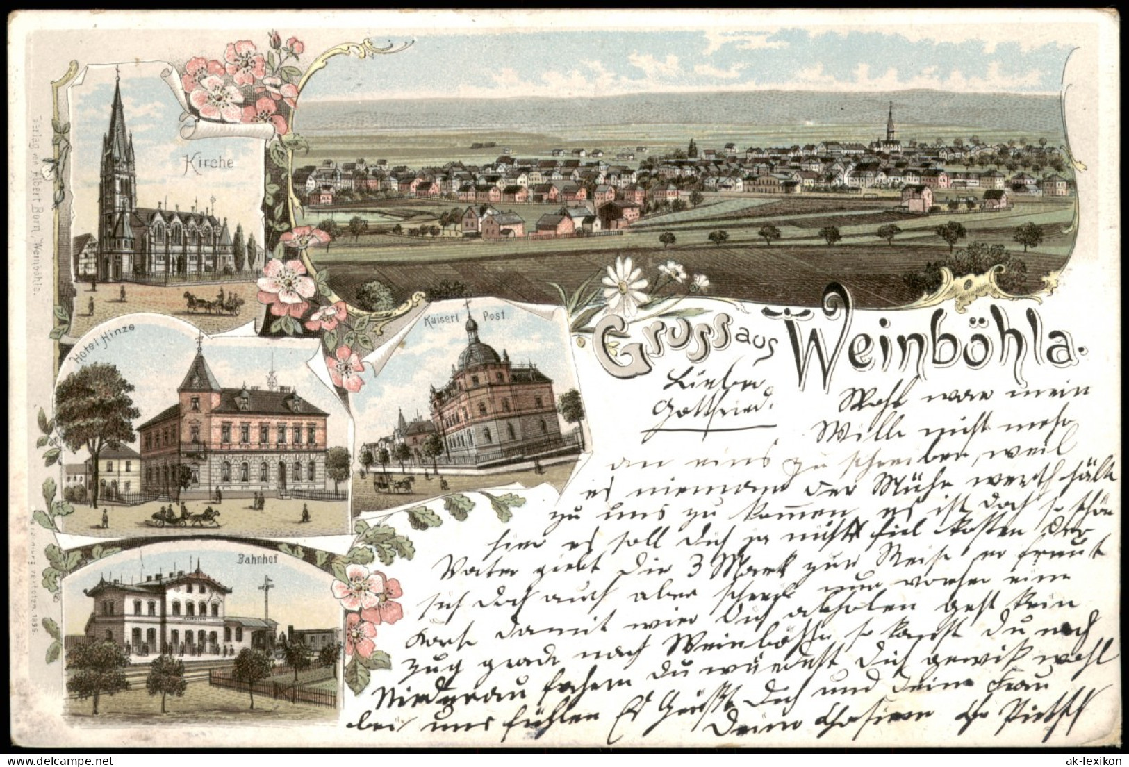 Litho AK Weinböhla Post, Bahnhof, Kirche, Hotel Hinze - Gruss Aus 1898 - Weinböhla