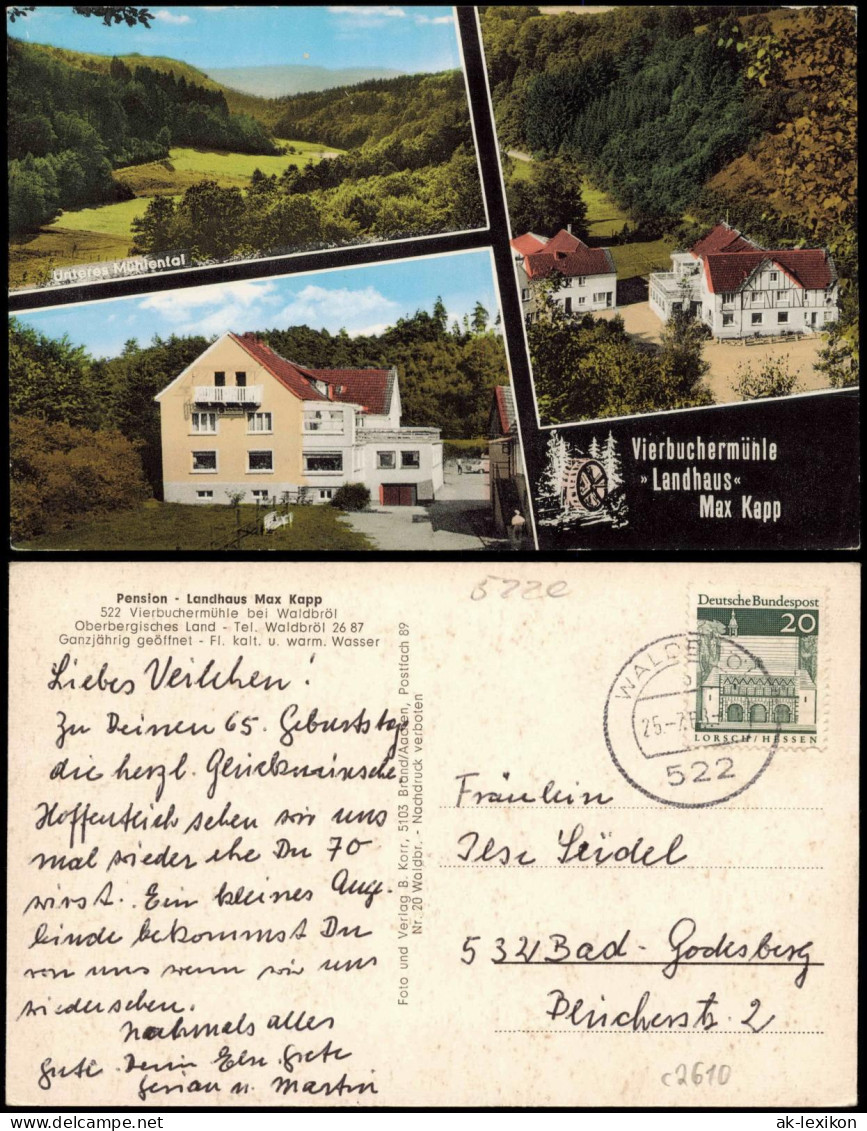 Waldbröl Mehrbild-AK Pension Landhaus  Vierbuchermühle, Mühlental 1968  522 - Waldbroel